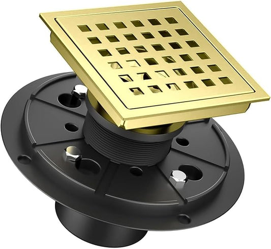 4 Inch Square Shower Drain Brushed Gold with Removable Quadrato Pattern Grate, SUS 304 Stainless Steel Floor Drain with Flange