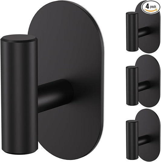 Aikzik Black Adhesive Hooks Heavy Duty-Max 26lb, Wall Hooks for Shower, Bathroom, Towel, Coat, Robe, Stainless Steel Hooks for Hanging, Sticky Hooks for Walls No Damage- 4 Pack