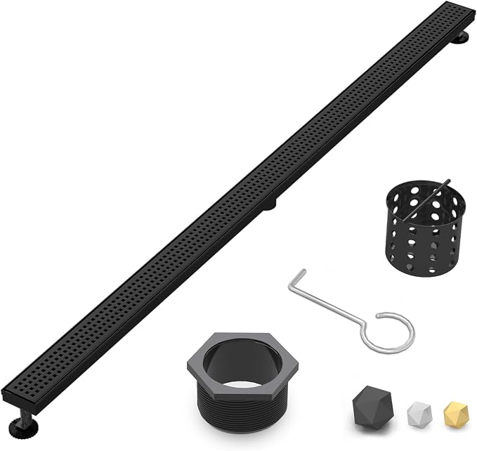 Linear Shower Drain | 60 Inch AISI 304 Stainless Steel Shower Drain, Matte Black Linear Drain with Removable Quadrato Grate Cover & Adjustable Feet, Rectangle Floor Drain, in Bathroom Balcony etc