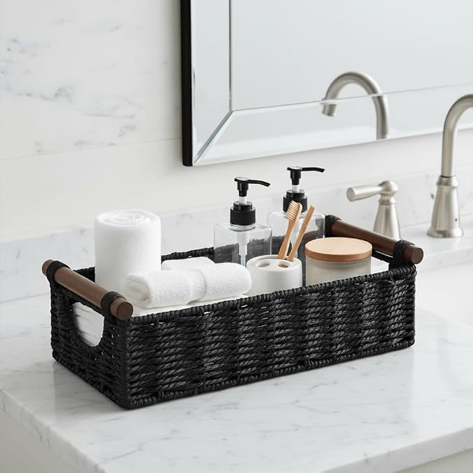CubesLand Small Wicker Toilet Basket Tray Organizer W/Cut Out Handle, Handwoven Slim Decorative Basket for Countertop, Shelves And for Rustic Home Decor, Living Room, Nursery Organization, Black
