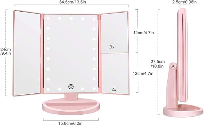 Flymiro Tri-fold Lighted Vanity Makeup Mirror with 3x/2x Magnification,Light up Mirror for Makeup,Touch Screen 21 LEDs,180° Rotation Countertop Cosmetic Mirror,Gifts for Women Mom Teen Girls