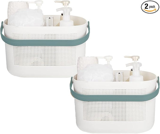 UUJOLY Plastic Storage Baskets with Handles, Shower Caddy Shelf Organizers Basket for Bathroom, Kitchen, Dorm Room, Green, 2 Pack