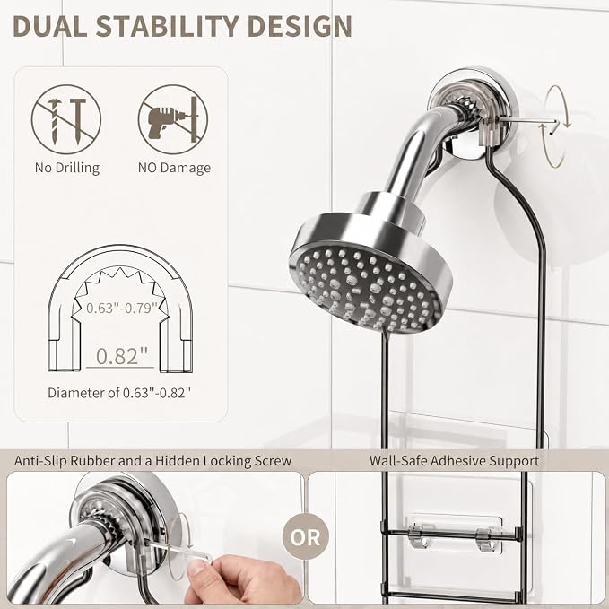 Shower Caddy Hanging for Handheld Showerheads, Rustproof, Black | Anti-Swing, Split Design, Shower Organizer with Hooks, Soap Holder and Toothbrush Holder, No-Drill Bathroom Storage
