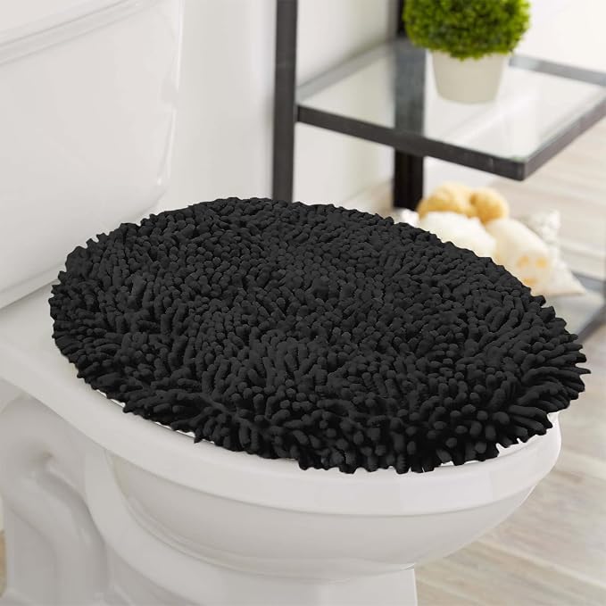 LuxUrux Toilet Lid Cover with Stretch Fit Elastic Band – Chenille Microfiber Toilet Seat Non-Slip Cover for Bathroom – Soft Plush, Machine Wash And Dry, Comfort & Clean Look (18 x 18'', Black)