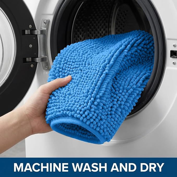 Bathroom Rugs Sets 2 Piece,Super Absorbent Chenille Bath Mats and U-Shaped Toilet Rug,Strong PVC Non Slip Backing,Microfiber Washable Dry Quickly Bath Mats for Bathroom(20"x32"+20"x20"U, Calm Blue)