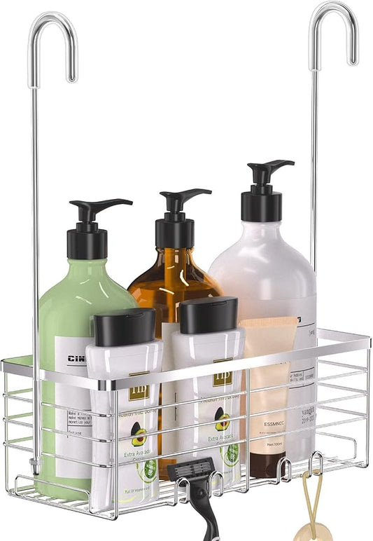 YUOROS Shower Caddy Hanging, Over the Door Shower Organizer Rack 304 Stainless Steel Rustproof Bathroom Storage Shampoo Holder Basket (Silver)