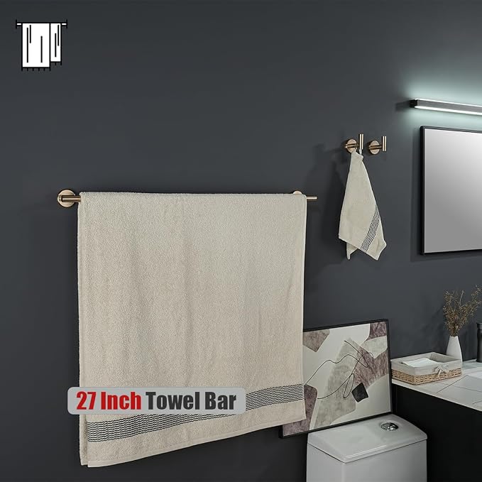 JQK Champagne Bronze Bath Towel Bar, 30 Inch 304 Stainless Steel Thicken 0.8mm Towel Rack Bathroom, Towel Holder Wall Mount, Useable Length 27 Inch, TB110L27-CB