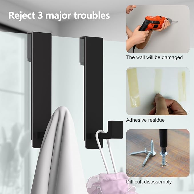 PMMASTO Shower Door Hooks, 7.5 Inch Extended Stainless Steel Heavy Duty Towel Hooks for Bathroom Frameless Glass Shower Door, L Shape Hooks for Hanger Robe, Towel, Black, 2 Pack