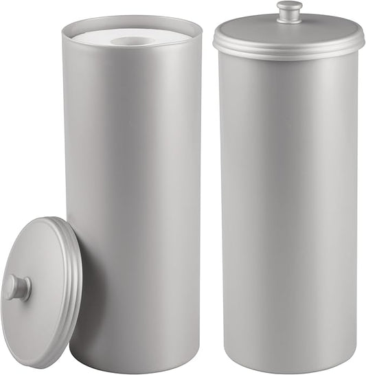iDesign Freestanding Bathroom Toilet Paper Storage Holder, 2-Pack, Silver | With Lid, For 3 Extra Rolls