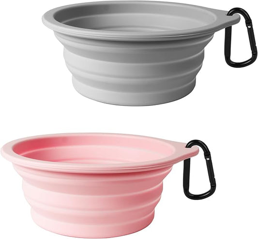 PetBonus 2-Pack Silicone Collapsible Dog Bowls, BPA Free Dishwasher Safe, Portable Foldable Expandable Travel Bowl, Food Water Feeding Cup Dish for Dogs Cats with 2 Carabiners （Grey, Chalk Pink） | 20 Oz, Silicone, Foldable Expandable Cat Feeding Cup Di...