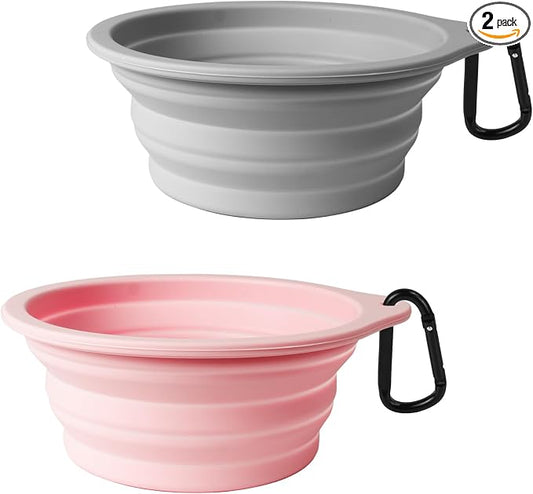 PetBonus 2-Pack Large Silicone Collapsible Dog Bowls, 34oz/1000ml BPA Free Portable Foldable Travel Bowl for Pet Cat, Food Water Feeding Dish for Camping with 2 Carabiners (Grey, Chalk Pink) | 34 Oz, Silicone, Foldable Expandable Cat Feeding Cup Dish, ...