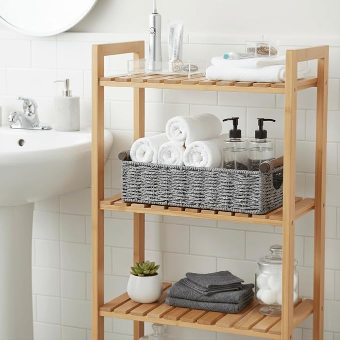 CubesLand Wicker Toilet Storage Basket Tray Organizer W/Cut Out Handle, Slim Decorative Basket for Countertop, Shelves And for Versatile Home Decor, Living Room, Nursery Organization, Grey