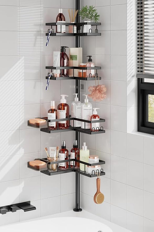 YASONIC Corner Shower Caddy Tension Pole, 25.7-109.1in Adjustable Shower Shelves, Rust-Resistant Shower Organizer, No-Drill 3-Step Installation, Bathroom Shelves for Renters & Family, Black
