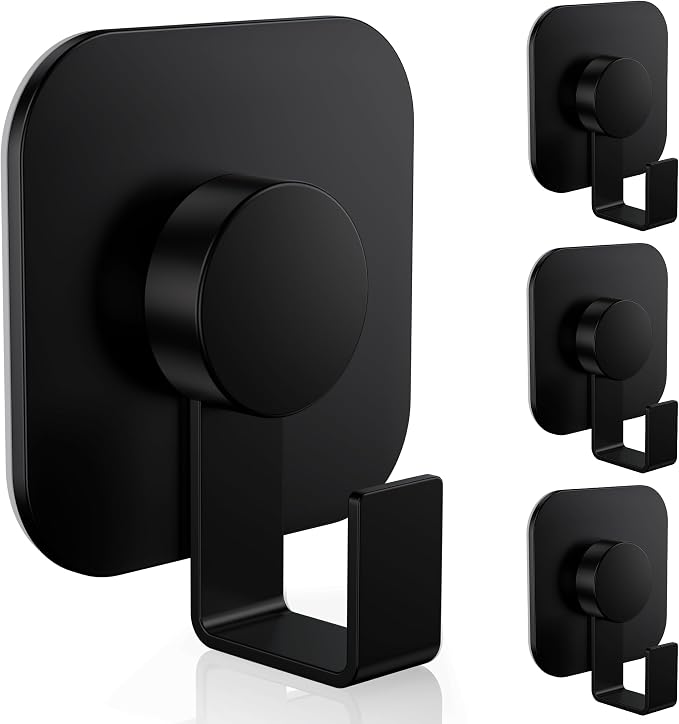 Aikzik 4 Pack Large Heavy Duty Wall Hooks - 26lb Max, Stainless Steel Adhesive Towel Hooks for Hanging Coat, Towel, Robe, Keys, Sticky Shower Hook for Door, Home, Bathroom, Kitchen, Office- Black