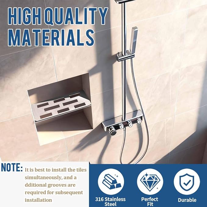 Rectangular Shelf for 12 Inch Tile Prefabricated Niches, Shower Niche Shelf with Mirror Effect 316 Stainless Steel Finish, Fits 1/8 inch Grout Lines Shower Niche Insert