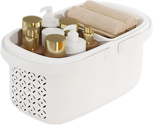Pulseplay Plastic Shower Caddy Basket with Handle Portable Organizer Storage Basket with Drainage Holes for Bathroom College Dorm Bedroom Kitchen Gym (White)