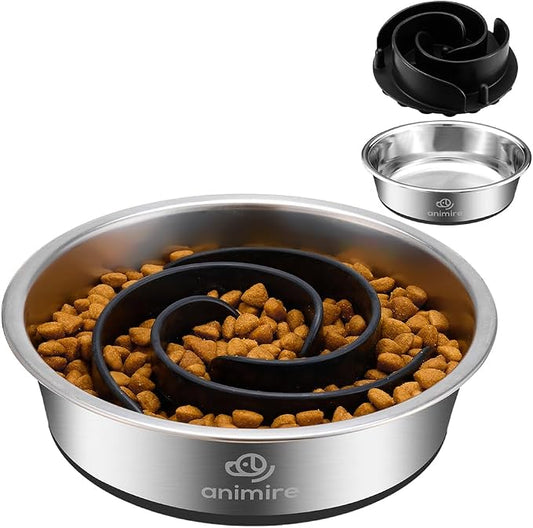 2-in-1 Metal Dog Bowl with Slow Feeder Insert, Stainless Steel Dog Bowls Food Grade 304, Water Food Bowl with Anti-Slip Silicone Base for Small, Medium, Large Dogs