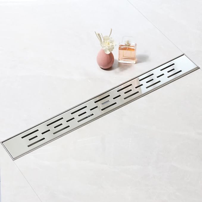 Linear Shower Drain, Shower Drain 24 inch with Bar Pattern Grate, Durable AISI 304 Stainless Steel Shower Drain, Linear Drain with Hair Strainer and Leveling Feet