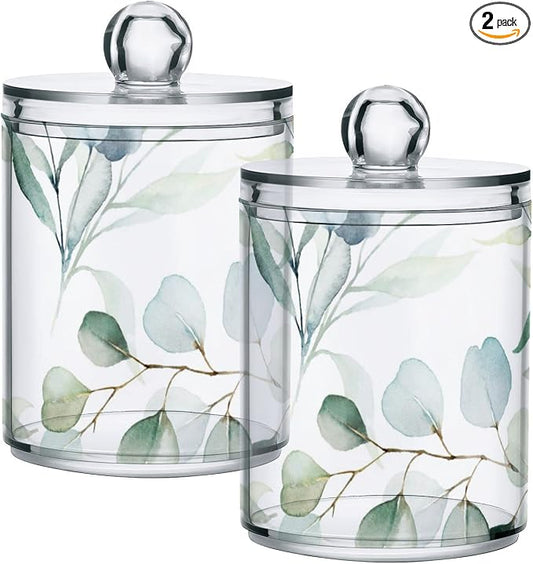 2 Pack Qtip Holder Dispenser for Cotton Ball Watercolor Green Eucalyptus Leaves Cotton Swab Round Pads Clear Plastic Acrylic Jar Set Bathroom Canister