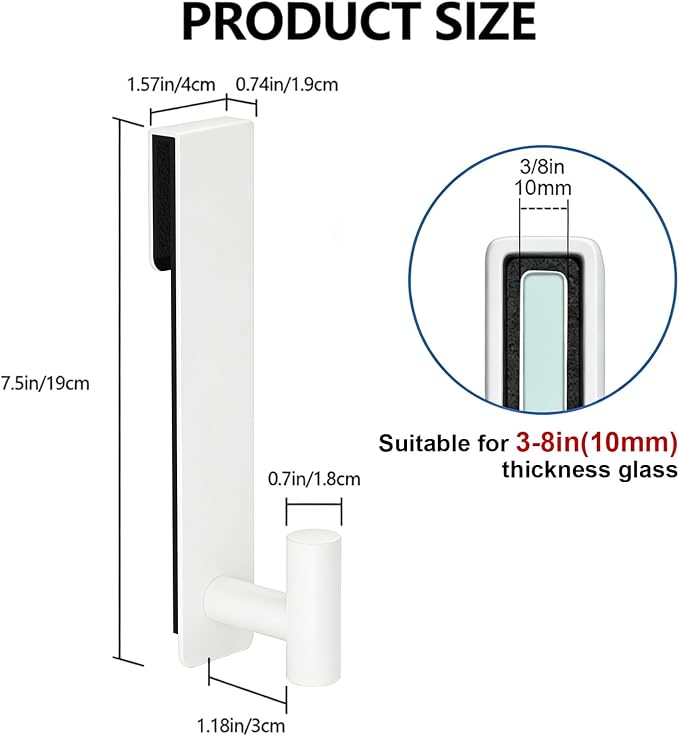 PMMASTO Shower Door Hooks, (7.5 Inch) Extended Towel Hooks for Bathroom Frameless Glass Shower Door, Stainless Steel Heavy Duty Hooks (White, T Shape-Fits 3/8" Thick Door)