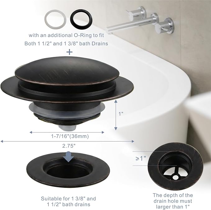 Oil Rubbed Bronze Bathtub Drain Stopper, Hidrop Universal Toe Touch Pop Up Bath Drain, Tip Toe Tub Drain Stopper Conversion Kit, Replaces Lift and Turn, Tip-Toe and Trip Lever Drains, EZ Install (ORB)
