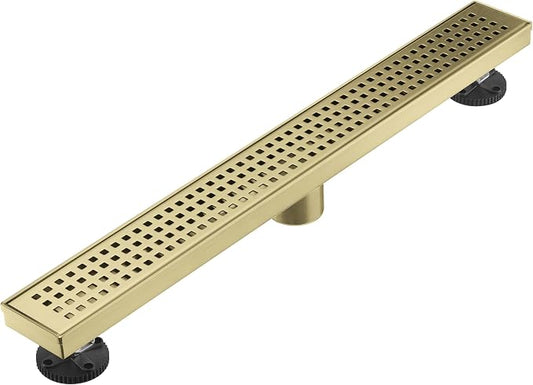 AVSIILE Linear Shower Floor Drain, Brushed Gold 24 Inch 304 Stainless Steel Bathroom Drains Kit, Long Rectangular Shower Trench Drain with Square Pattern Drain Cover & Hair Catcher