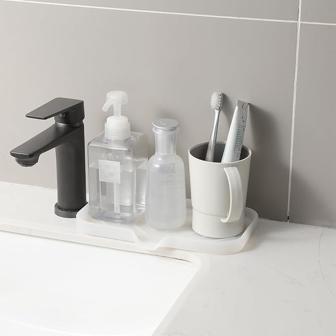 MicoYang Silicone Soap Dish with Drain Spout — Self-Draining Sink Organizer Tray for Bathroom & Kitchen, Sponges, Dispensers & Soap Holder, Non-Slip & Dishwasher Safe, Translucent (Medium, 9.6"×5.3")