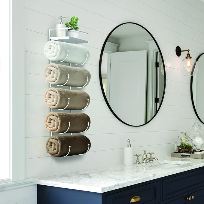 Sorbus Bathroom Towel Holder - 5 Tier Metal Towel Rack with Wood Shelf for Rolled Bath Towels, Washcloths, Linens, Hand Towels, Soaps & Accessories - Wall Mounted Towel Rack for Bathroom Towel Storage