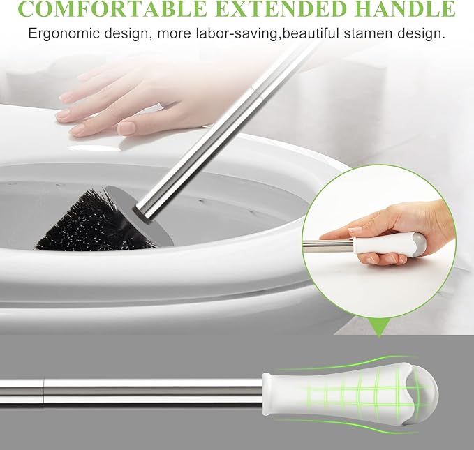 AONEZ Compact Toilet Brush & Holder, Stainless Steel Handle, Space Saving for Storage, Deep Cleaning, Drip-Proof, Easy to Assemble, Nylon Bristles, White & Grey | Stainless Steel Handle; Easy to Hide; Space Saving for Storage; Drip-Proof; Easy to Assem...