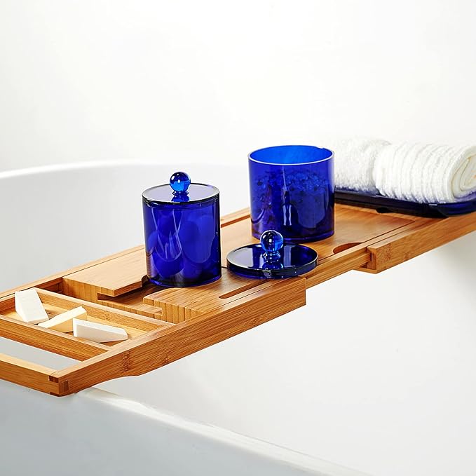 SheeChung 3 PCS Qtip Holder Bathroom Set with Tray, Acrylic Apothecary Jars | Blue Qtip Dispenser with Lid and Labels, Bathroom Qtip Holder Set for Cotton Ball, Cotton Swab 1 Pack Bathroom Vanity Tray