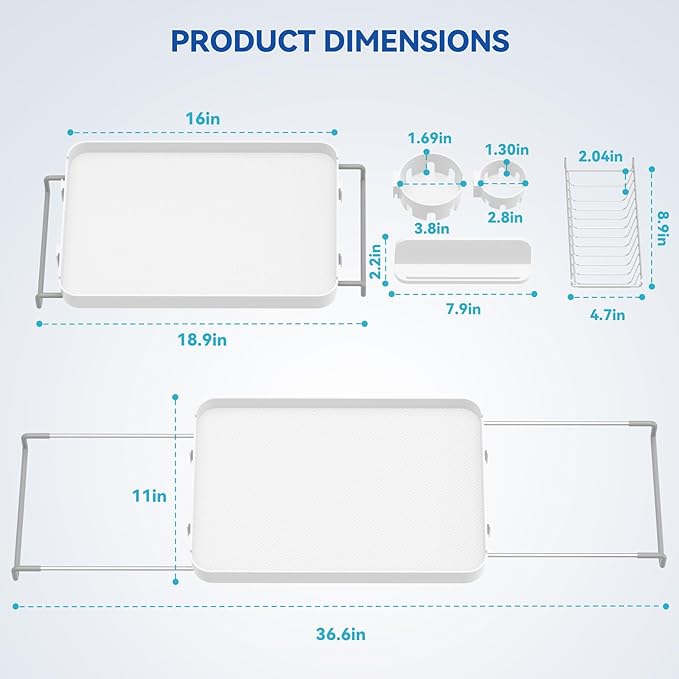 Bathtub Tray for Large Soaking Tub Table Tray Expandable Tub Shelf for Bathtub Caddy Bath Shelf Over Tub Luxury Bath Board Book Holder with Removable 2 Cup Holder Phone Metal Shower Caddy Basket White