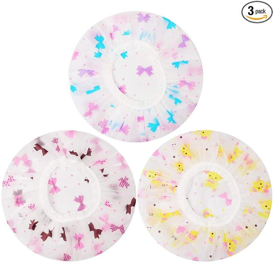 3 Pcs Reusable Shower Caps for Women, Waterproof Bath Hair Caps | Elastic Band Fit, Travel Friendly, for Shower, Makeup, Spa, Cooking