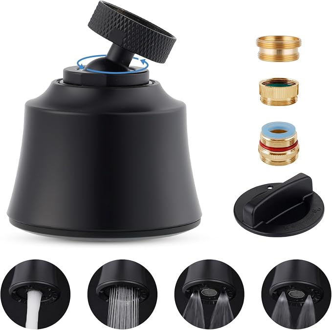 Hygie Rinse Kitchen Sink Faucet Head Replacement, 4 Spray Faucet Sprayer Attachment with Big Angle Swivel, 55/64-27UNS Famale Thread, Male Thread Adapter Included, Matteblack