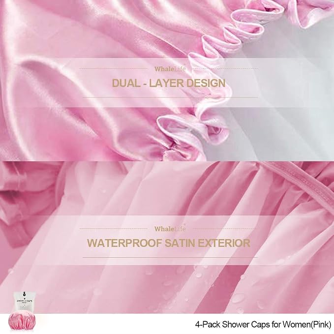 Shower Caps Satin Lined Waterproof for Women Men - 4Pc Pink | Double Layer 100 Percent Dry Jumbo Oversized Fits Thick Hair Smooth Lining Prevents Hair Frizz Snug Elastic Band No Pressure