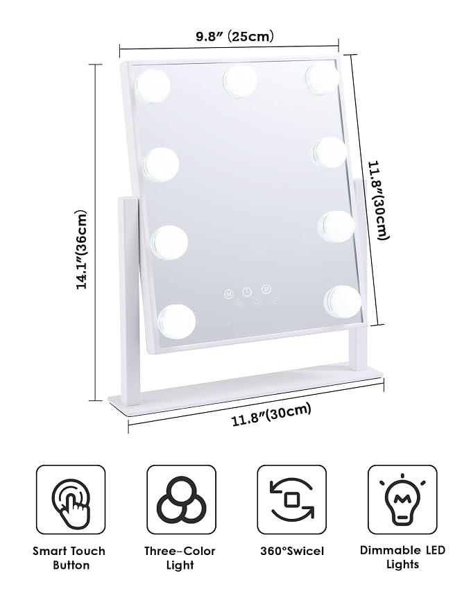 BWLLNI Lighted Makeup Mirror, White Vanity Mirror with Lights,9 LED Bulbs | Hollywood Mirror Touch Control Design 3 Colors Dimable LED Bulbs, Detachable 10X Magnification, 360°Rotation,12" L x 14" W