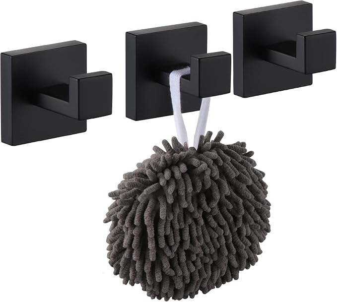 KOKOSIRI Bath Towel Hook Wall Mounted Square Robe Hook Coat Hook Bathroom Kitchen Garage Heavy Duty SUS 304 Stainless Steel 3 Pack Matte Black B1010BK-P3