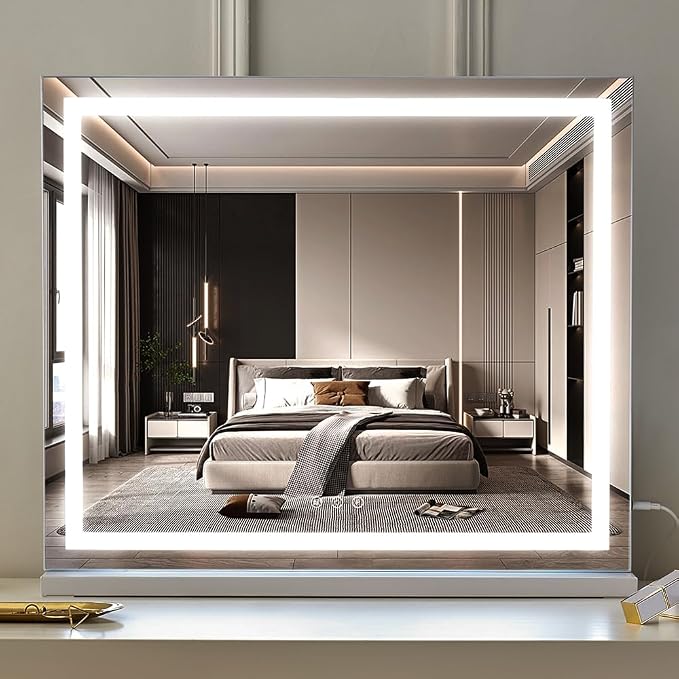 HIEEY Lighted Makeup Mirror, 18.1" x 22.8" Hollywood Vanity Mirror with Lights, Three Color Lighting Modes, with 5X Magnification Mirror, Smart Touch Control (White)