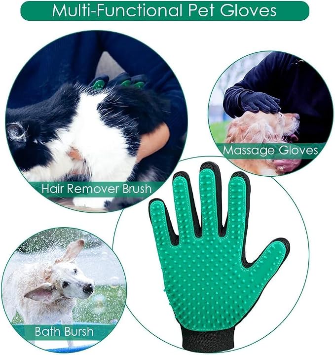 Pet Hair Removal Glove with 255 Silicone Tips for Dogs & Cats, Right Green | 2-in-1 Deshedding & Massage Mitt, 5-Finger Flexible Design, for Bathing & Grooming, Safe for Long/Short/Curly Hair Pets