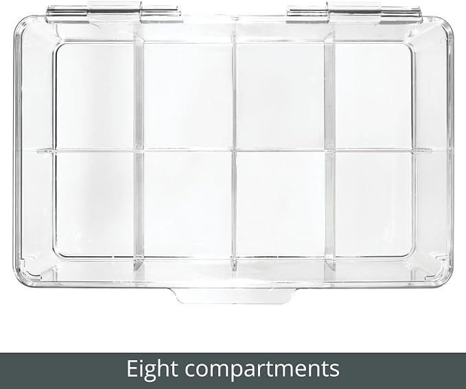 mDesign Plastic Divided First Aid Storage Box Kit with Hinge Lid for Bathroom, Kitchen, Cabinet, Closet - Organize Medicine, Ointments, Adhesive Bandages, Dental - 8 Sections, 2 Pack - Clear
