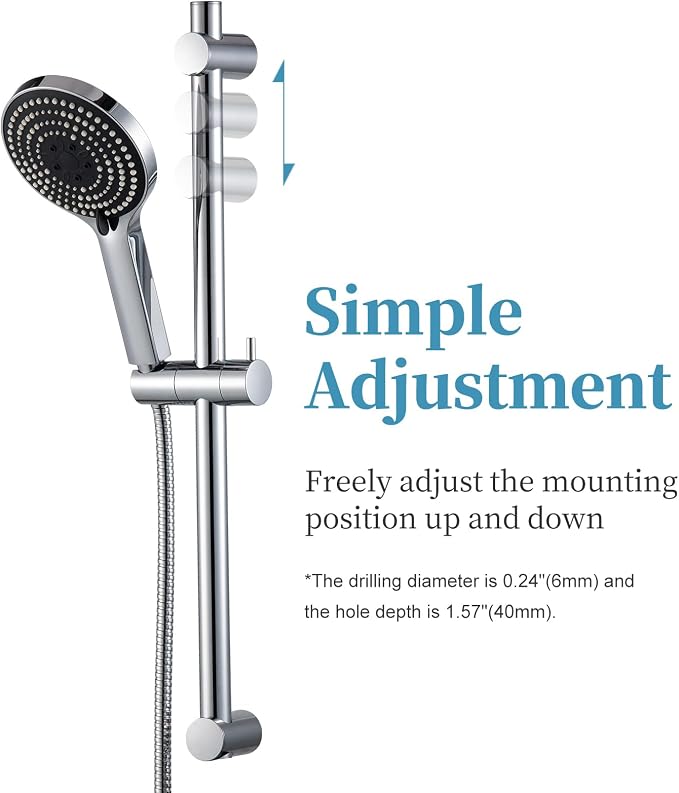 OFFO Shower Slide Bar Combo, Adjustable 23 in Slide Bar with 6-Mode High Pressure Handheld Shower Head and 60 in Stainless Steel Hose, Screw Wall Mounted, Chrome