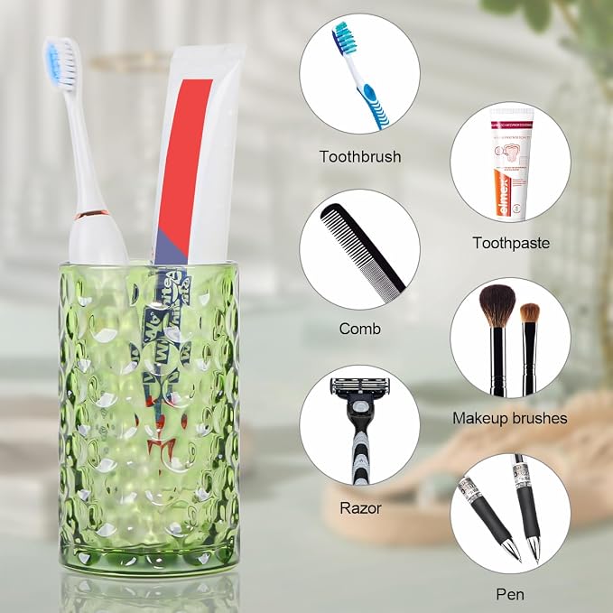 Bathroom Toothbrush Holder Set, 11oz Green Glass Toothbrush Holder and Bathroom Tumbler Cup Set, Decorative Countertop Storage Cups Organizer for Toothpaste, Brushes