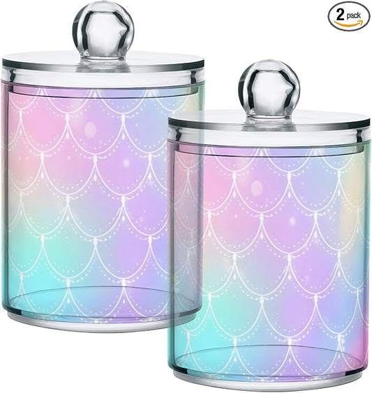 2 Pack Qtip Holder Dispenser for Cotton Ball Rainbow Scales Mermaid Cotton Swab Cotton Round Pads Clear Plastic Acrylic Jar Set Bathroom Canister