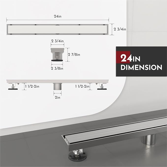 WEBANG 24 Inch Linear Shower Drain Rectangular Floor Drain with Accessories Reversible 2-in-1 Cover Tile Insert Grate Removable SUS304 Stainless Steel CUPC Certified Brushed