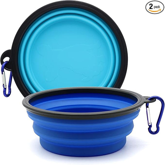 2-Pack Small Dog Travel Bowl, Collapsible Bowls for Dogs | Foldable Cat Water Bowl, Portable Pet Feeding Watering Traveling Dish (Light Blue & Dark Blue)