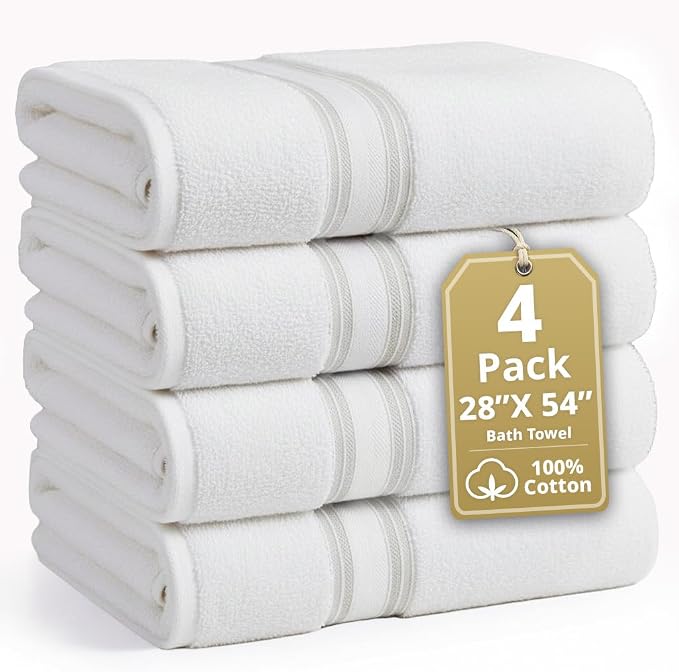 LANE LINEN Large Bath Towel Set Absorbent Quick Dry 100% Cotton - White | Bath Towels Set Of 4 - Fade-Resistant Color, Classic Terry Weave, Densely Woven, Coordinated Colors, Dobby Border Accent