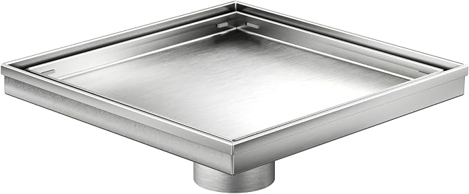 Neodrain 8-Inch Square Shower Drain with Removable Tile Insert Grate, Brushed 304 Stainless Steel, CUPC Certified, Includes Hair Strainer