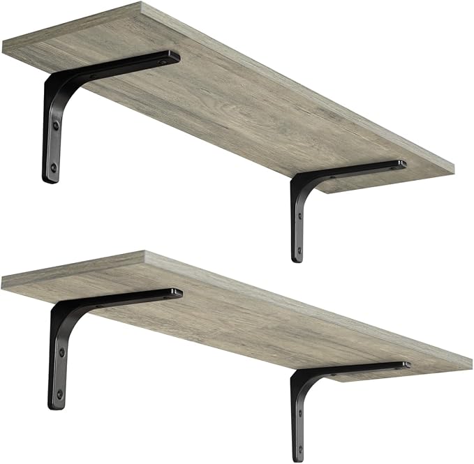DINZI LVJ Long Wall Shelves, 23.6 Inch Wall Mounted Shelves Set of 2, Easy-to-Install, Wall Storage Ledges with Sturdy Metal Brackets for Living Room, Bathroom, Bedroom, Kitchen, Gray Wash