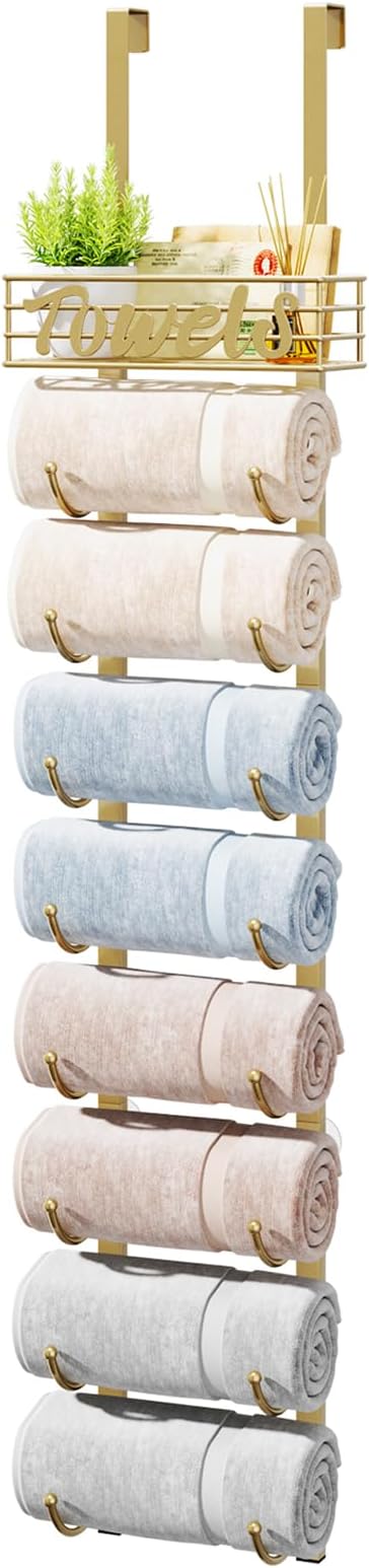 HapiRm Towel Racks for Bathroom Storage - 9 Tier Over The Door & Wall Mount Rolled Towel Storage Organizer Holder with Metal Shelf Basket for Small Bathroom, Camper, Rv - Gold, Patented