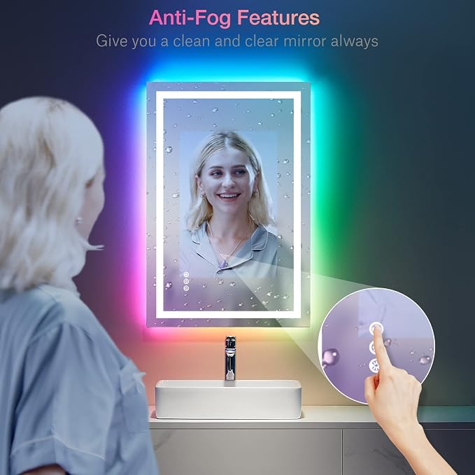 LOAAO 24"X36" RGB LED Bathroom Mirror with Lights, UL Listed | Anti-Fog, Dimmable, RGB Backlit + Front Lighted, Memory Function, Tempered Glass