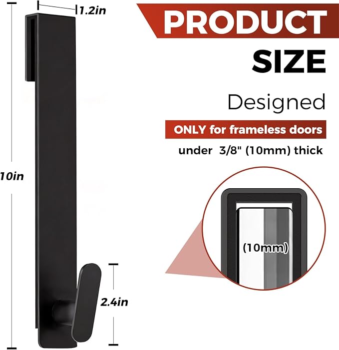 Shower Door Hooks 10 Inch,Extended Heavy Duty Shower Hooks for Towels,Over the Towel Hooks for Bathroom Frameless Glass Door (Black,2 Pack)